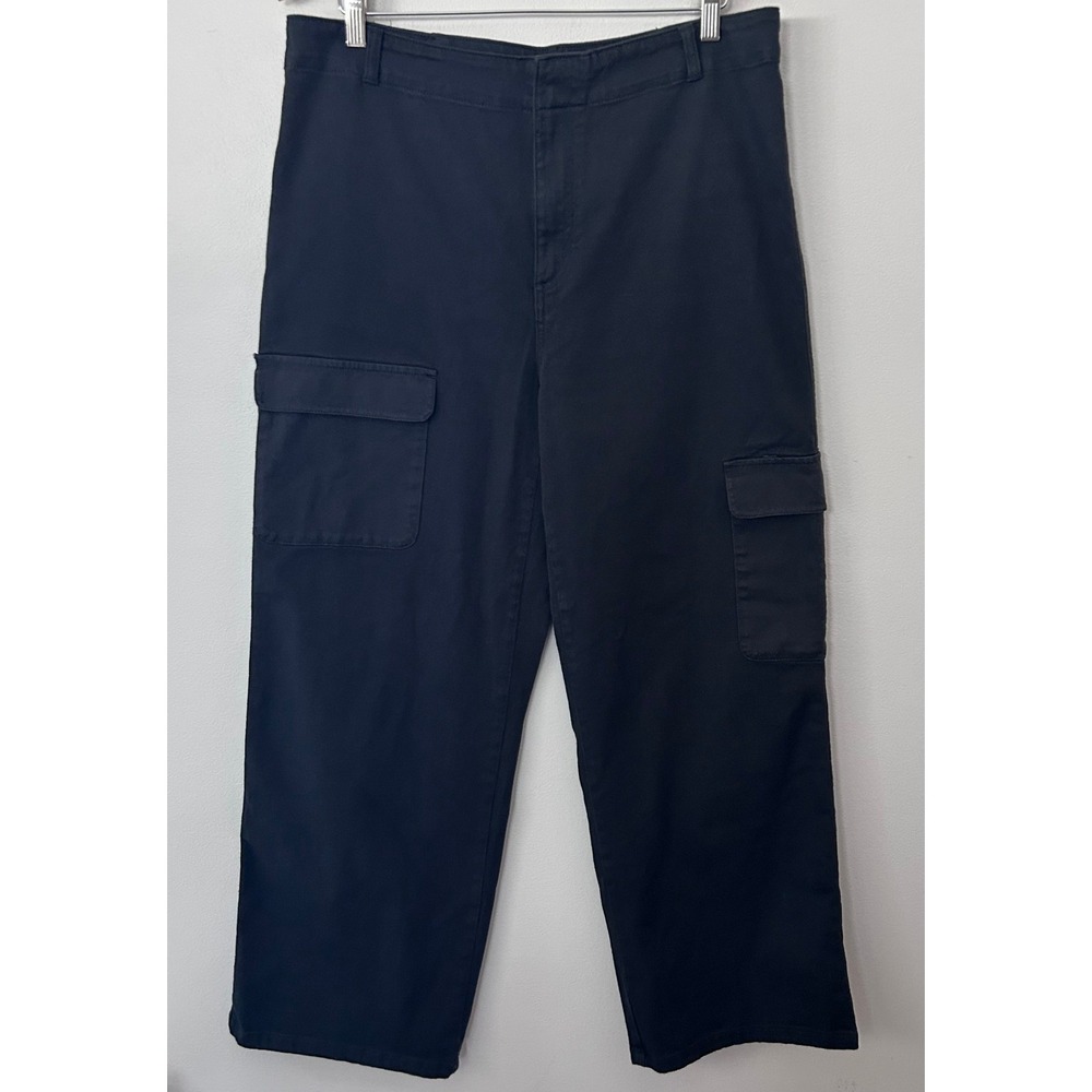Quince Cargo Pants Womens 16 Black Organic Cotton Wide Leg High Rise Utility